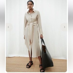 MO&Co. Beige Long-Sleeve Button Front Shirt Dress Tie Waist Medium NWT
